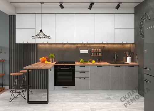 Фото Кухня ДСВ Лофт штукатурка белая/штукатурка серая – купить в Комсомольске-на-Амуре: цена, описание, фото. Интернет-магазин 2